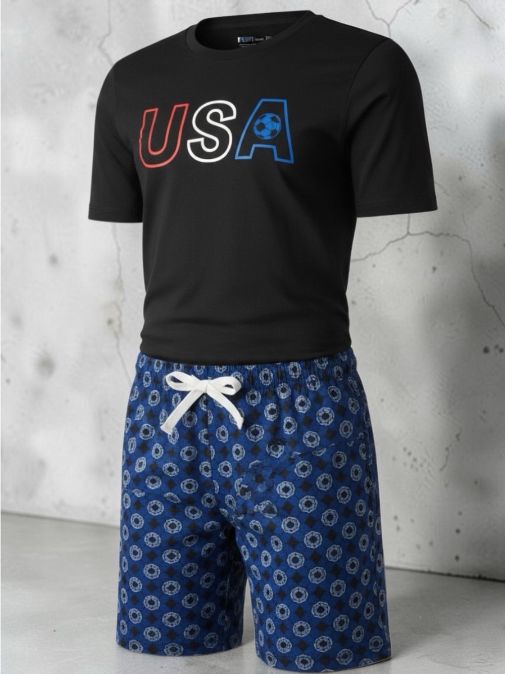 Fruit of the Loom Men Pajama Set XL USA Soccer Knit Tee Shorts Sleepwear